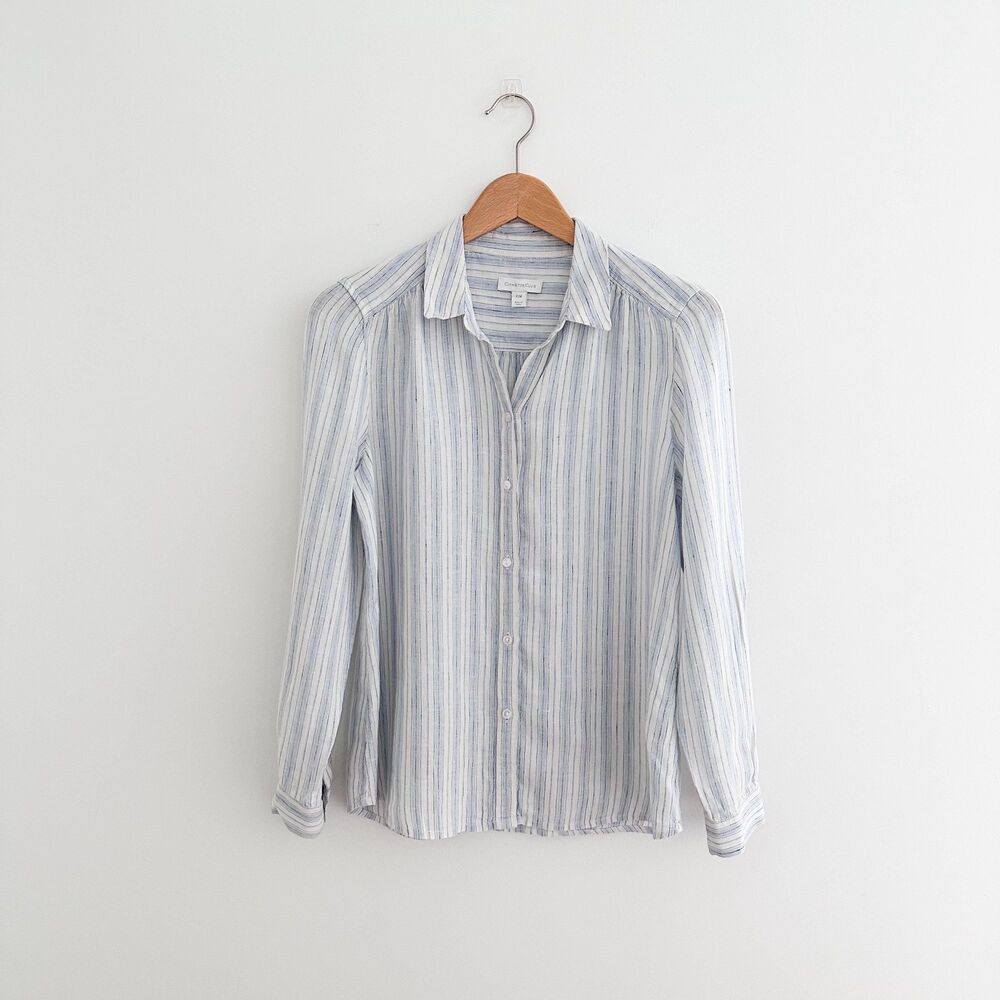100% Linen Blue Striped Button Down Shirt Cottagecore Top Size Medium Petite